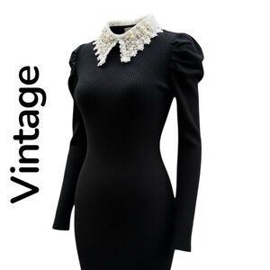 Vintage Black Knit Tunic Lace Collar Size S